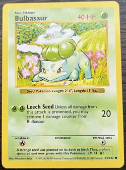 Bulbasaur 044/102 Pokemon TCG WOTC Base Set Shadowless Common MINT NM - Image 1