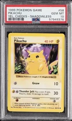 1999 POKEMON BASE SET UNLIMITED YELLOW CHEEKS-SHADOWLESS #58 PIKACHU PSA 10 - Image 1