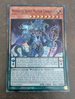 YuGiOh! Mythical Beast Master Cerberus FIGA-EN059 Super Rare 1st Ed - Image 1
