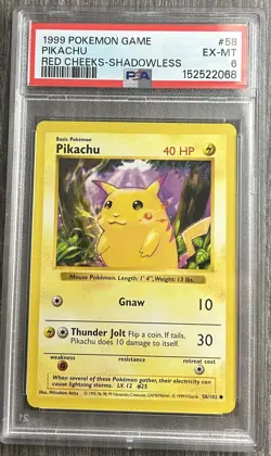 Pokemon TCG Pikachu 58/102 Base Set Shadowless Red-Cheeks PSA 6 - Image 1
