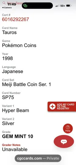 Tauros Pokemon Coins (1998) Japanese Meiji Battle Coin Ser. 1 CGC GEM MINT 10 - Image 2