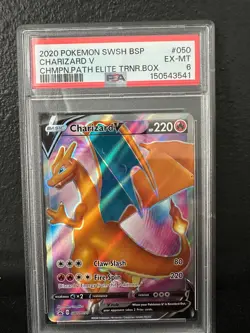 2020 Pokemon Charizard V SWSH050 Champions Path ETB Promo PSA 6 Graded - Image 1