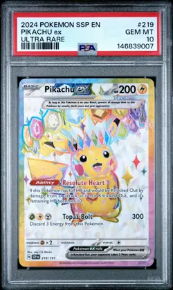 2024 POKEMON SSP EN-SURGING SPARKS ULTRA RARE #219 PIKACHU EX PSA 10 - Image 1