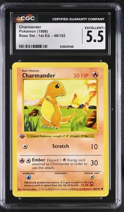 CGC 5.5 Charmander 46/102 Base Set 1st Edition Shadowless Pokemon Card - Image 1