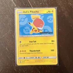 Pokemon Ash's Pikachu SM114 Promo Regular 70 HP Iron Tail Thunderbolt TCG Card - Image 1