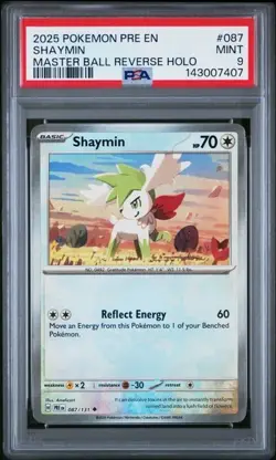 2025 Pokemon SV Prismatic Evolutions Shaymin Masterball Reverse Holo #87 PSA 9 - Image 1