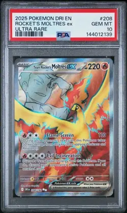 2025 POKEMON DRI EN-DESTINED RIVALS ULTRA RARE TEAM ROCKET'S MOLTRES EX PSA 10 - Image 1