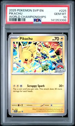 2025 POKEMON SVP EN-SV BLACK STAR PROMO WORLD CHAMPIONSHIPS #225 PIKACHU PSA 10 - Image 1