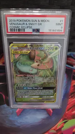 2019 Pokemon Venusaur & Snivy GX Tag Team Cosmic Eclipse 1 PSA 9 - Image 1