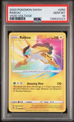 2020 POKEMON SWORD & SHIELD VIVID VOLTAGE #050 RAIKOU PSA 10 - Image 1