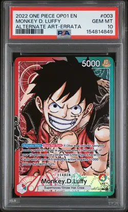 2022 ONE PIECE OP01-ROMANCE DAWN ALTERNATE ART-ERRATA MONKEY D. LUFFY PSA 10 - Image 1