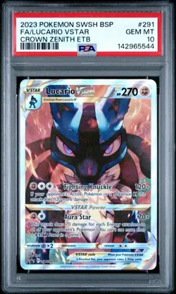 2023 Pokemon SWSH BSP Full Art Lucario Vstar Crown Zenith ETB #291 PSA 10 Gem - Image 1