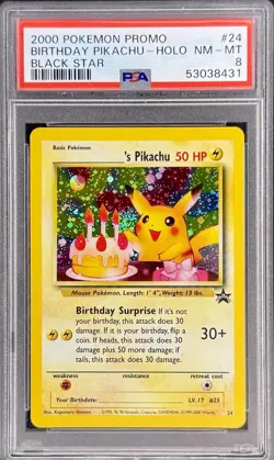 2000 POKEMON PROMO BLACK STAR #24 BIRTHDAY PIKACHU HOLO PSA 8 | PERFECT SWIRL - Image 1