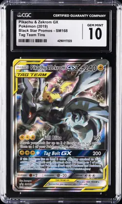 2019 POKEMON BLACK STAR PROMO TAG TEAM TINS #SM168 PIKACHU & ZEKROM GX CGC 10 - Image 1