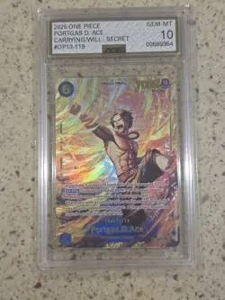 2025 One Piece Carrying On His Will Secret Rare Portgas D. Ace AGS 10 - Image 1