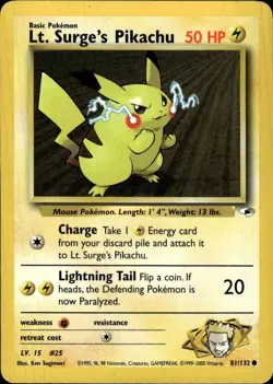Pokemon Gym Heroes #081/132 Lt. Surge's Pikachu Common Moderately played - Image 1