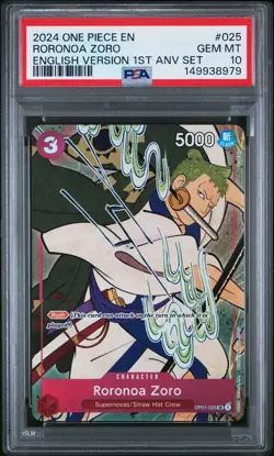 2024 ONE PIECE ENGLISH VERSION 1ST ANNIVERSARY SET #025 RORONOA ZORO PSA 10 - Image 1