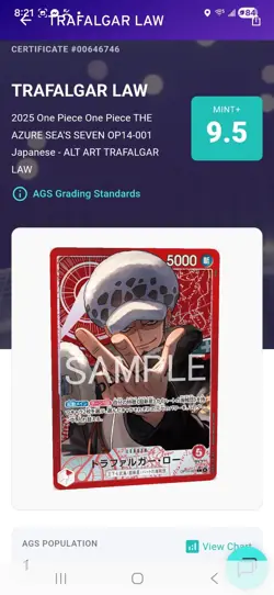 ONE PIECE Japan The Azure Sea's Seven Trafalger Law OP14-001 L Alt Art AGS 9.5 - Image 3