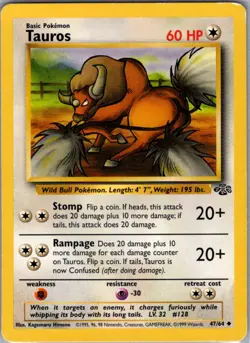 Tauros - Jungle - JU 47/64 - VINTAGE single MP to HP Pokemon Card - Image 1