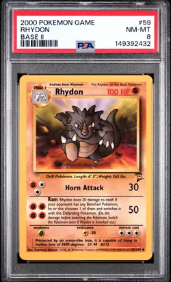 2000 POKEMON BASE SET 2 #59 RHYDON PSA 8 - Image 1