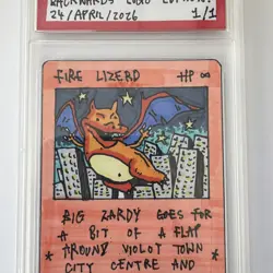 1/1 Original Hand Drawn Fire Lizerd Card Slabbed Signed Brokemon Pokemon Parody - Image 3