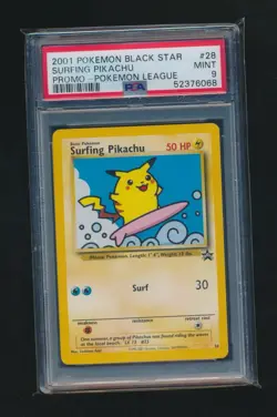 SURFING PIKACHU 2001 POKEMON WOTC BLACK STAR LEAGUE PROMO #28 GRADED PSA 9 MINT - Image 1