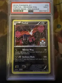2016 POKEMON XY STEAM SIEGE 65/114 YVELTAL-HOLO League Stamp PSA 9 Mint - Image 1