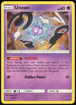 Unown 92/214 Rare Lost Thunder Pokemon Near Mint - Image 1