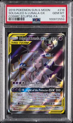 2019 POKEMON SUN & MOON COSMIC ECLIPSE #216 FULL ART/SOLGALEO & LUNALA GX PSA 10 - Image 1