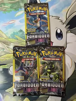 POKEMON Sun Moon FORBIDDEN LIGHT 3 Card Mini Booster Packs 3 Pack Set Pokemon - Image 1