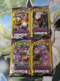 Pokemon Unified Minds 3 Card Booster Pack Complete Art Set of 4 Sealed - Image 1
