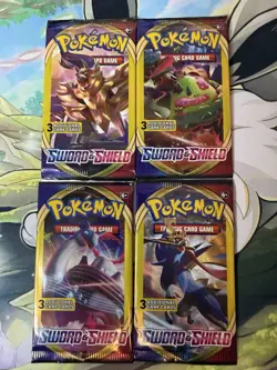 Pokemon Cards TCG Sword and Shield Base 3 Card Booster Packs Complete Set Of 4 - Image 1