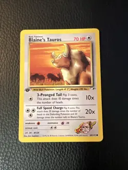 1st Edition Blaine’s Tauros 64/132 Gym Heroes F3 Pokemon 2000 Vintage WoTC LP - Image 1