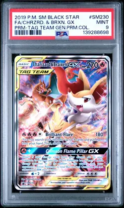PSA 9 2019 CHARIZARD & BRAIXEN GX POKEMON SM BLACK STAR PROMO #SM230 TAG TEAM - Image 1