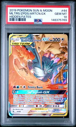 2019 POKEMON SUN & MOON HIDDEN FATES #44 MOLTRES & ZAPDOS & ARTICUNO GX PSA 10 - Image 1