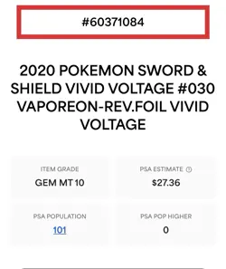 PSA 10 GEM MINT Pokemon TCG Vaporeon Vivid Voltage 030/185 Reverse Holo⭐Pop 101 - Image 3