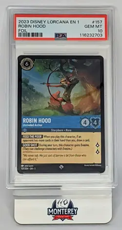 2023 DISNEY LORCANA EN 1-THE FIRST CHAPTER FOIL #157 ROBIN HOOD UNRIVALED PSA 10 - Image 1