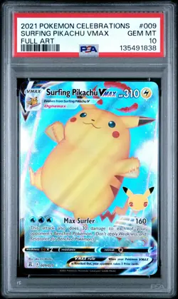 2021 POKEMON CELEBRATIONS #009 FULL ART/SURFING PIKACHU VMAX PSA 10 - Image 1