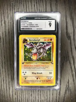 Aerodactyl CGC 9 Pokemon WOTC 1999 Fossil Prerelease Cosmos Holo Double Swirls - Image 1