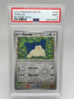 Pokemon Snorlax 144/191 Sv08: Surging Sparks Reverse Holo PSA 9 English - Image 1