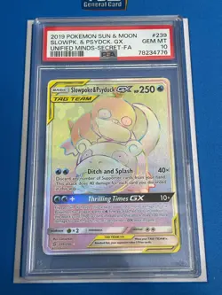 2019 Pokemon Unified Minds Slowpoke & Psyduck GX #239 Rainbow Secret Rare PSA 10 - Image 1