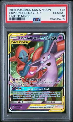 ESPEON & DEOXYS GX PSA 10 2019 POKEMON SUN & MOON UNIFIED MINDS #72 - Image 1