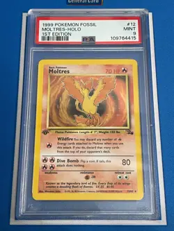 1999 Pokemon Fossil Moltres 12/62 1st Edition Holo PSA 9 Mint - Image 1