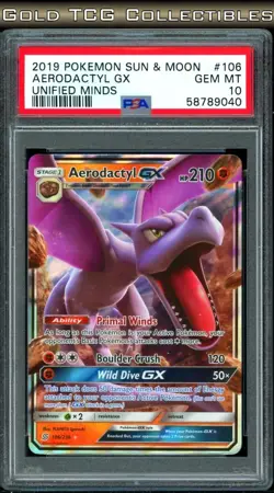 PSA 10 ⭐ Pokemon Aerodactyl GX 106 Unified Minds Sun Moon 2019 Graded Card - Image 1