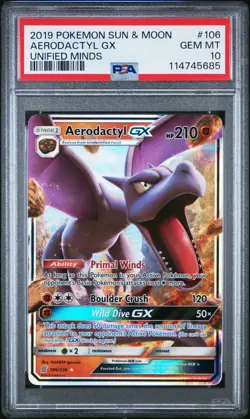 2019 POKEMON SUN & MOON UNIFIED MINDS #106 AERODACTYL GX PSA 10 - Image 1