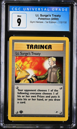 Lt. Surge's Treaty 112/132 1st Edition Pokemon Gym Heroes CGC 9 Mint - Image 1