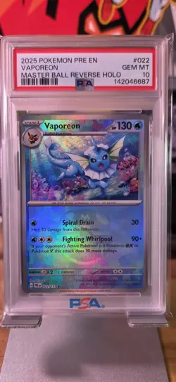 2025 POKEMON PRE EN-PRISMATIC #022 VAPOREON PSA 10 MASTER BALL REVERSE HOLO - Image 1