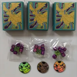3 Sets Of Pokemon Ascended Heroes ETB Dragonite Sleeves, Coins & Dice - Image 1