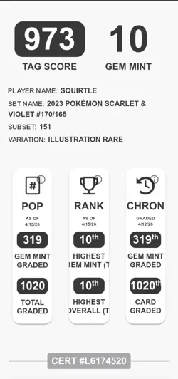 Pokemon - Squirtle 170/165 Scarlet & Violet 151 Rank 10th Highest TAG 10 [973] - Image 3