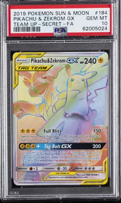 2019 POKEMON SUN & MOON TEAM UP SECRET #184 FULL ART/PIKACHU & ZEKROM GX PSA 10 - Image 1
